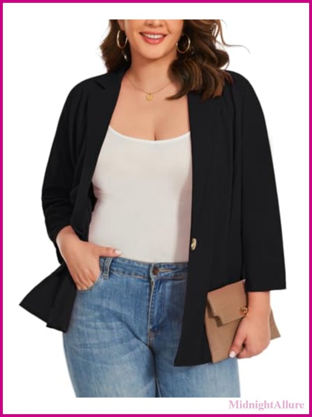 Plus Size Blazer 3/4 Sleeve Button Front Business Casual Jacket with Pockets